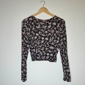 Wild Fable | Black Floral Ribbed Long Sleeve Top | Medium